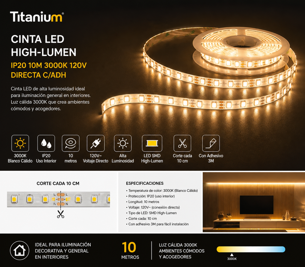 CINTA LED HIGH-LUMEN IP20 10M 3000K 120V DIRECTA C/ADH
