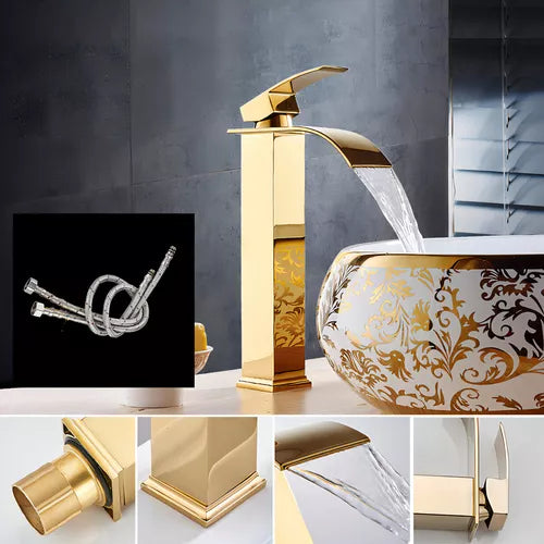 Llave Lavamanos Monocontrol Luxury Golden Alto Tipo Cascada